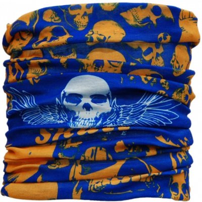 Twoeightfive multifunkční šátek na krk Skull Machine s lebkami modro-oranžový – Zbozi.Blesk.cz