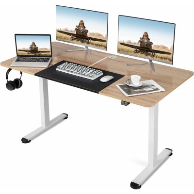 Costway elektrický výškově nastavitelný stůl COSTWAY, ergonomický stůl na sezení se závěsem na kabely a háčky, 140 cm x 70 cm stojící stůl pro domácí kancelář, učebnu, ložnici (přírodní) – Zboží Dáma