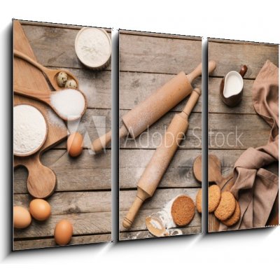 Obraz 3D třídílný - 105 x 70 cm - Ingredients for cookies and rolling pins on wooden background Ingredience pro sušenky a válečky na dřevěné pozadí – Hledejceny.cz