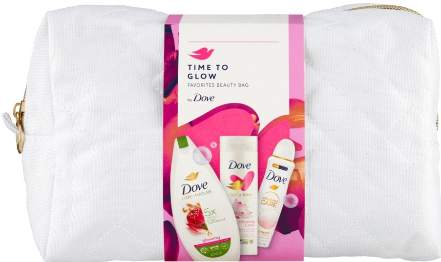 Dove Glowing Sprchový gel 225 ml, antiperspirant sprej 150 ml, tělové mléko 250 ml s taškou