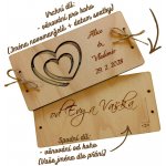 Dekorace z Česka Svatební dřevěné přání na peníze - srdce linka Nápis: Věnování od koho na spodní díl + vlastní jména PLATBA PŘEDEM! – Zboží Dáma
