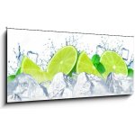 Skleněný obraz 1D panorama - 120 x 50 cm - lime water splash and ice cubes isolated on the white stříkající voda z vápna a kostky ledu izolované na bílém – Sleviste.cz