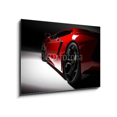 Skleněný obraz 1D - 100 x 70 cm - Red fast sports car in spotlight, black background. Shiny, new, luxurious. Červené rychlé sportovní auto v reflektoru, černé pozadí. Le – Zboží Mobilmania