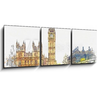 Obraz 3D třídílný - 150 x 50 cm - Watercolor sketch or illustration of a beautiful view of the Big Ben and the Houses of Parliament in London in the UK Akvarel skica neb – Zboží Mobilmania