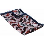 Hedvábná šála s potiskem s motýlky světle šedo červeno tmavě modrá – Sleviste.cz