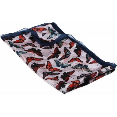 Hedvábná šála s potiskem s motýlky světle šedo červeno tmavě modrá – Sleviste.cz