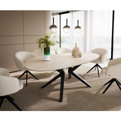 DELIFE Edge oválný 220 x 120 keramika LaminamTravertino Bianco krémově bílá Zenthara hranatý kov černý – Sleviste.cz