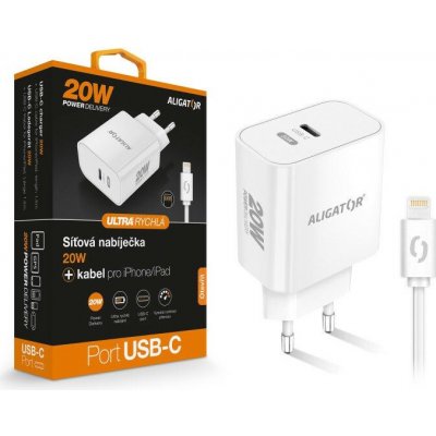 Chytrá síťová nabíječka ALIGATOR Power Delivery 20W, USB-C kabel pro iPhone/iPad, bílá – Zboží Mobilmania