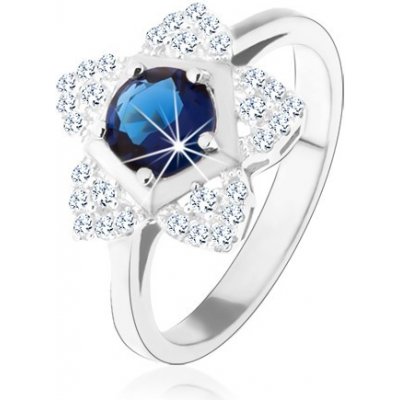 Šperky eshop zásnubní prsten stříbro 925 blyštivý kvítek kulatý modrý zirkon HH2.10