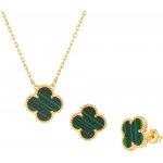 Moonlit Zvýhodněná sada stříbrné čtyřlístky s malachitem náhrdelník a náušnice puzeta pozlacené FD_6699 – Zboží Mobilmania