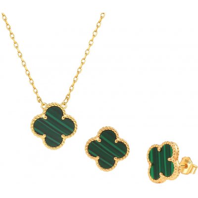 Moonlit Zvýhodněná sada stříbrné čtyřlístky s malachitem náhrdelník a náušnice puzeta pozlacené FD_6699 – Zboží Mobilmania