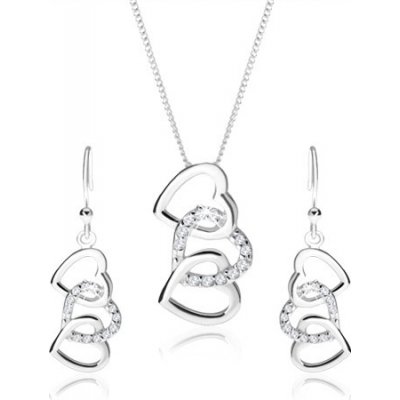 Šperky eshop stříbrný set náušnice a náhrdelník siluety tří propojených srdcí čiré zirkony SP56.25