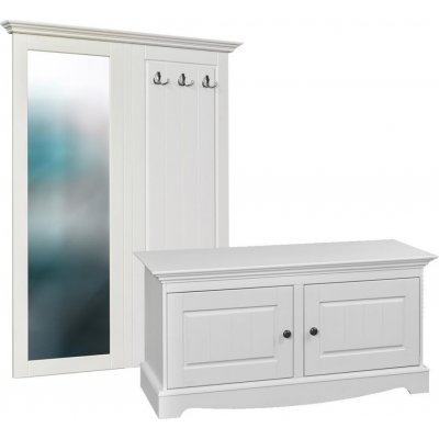 Massivo.cz Věšáková stěna Belluno Elegante se zrcadlem a komodou, bílá, masiv, borovice – Zboží Dáma