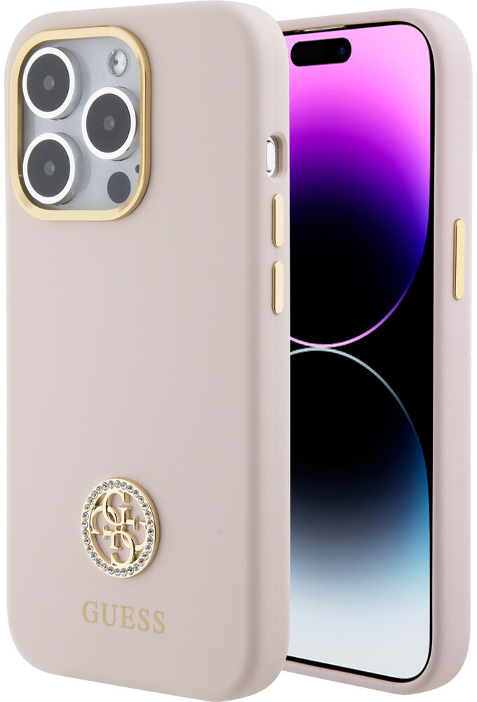 Pouzdro Guess Liquid Silicone 4G Strass Metal Logo iPhone 15 Pro růžové