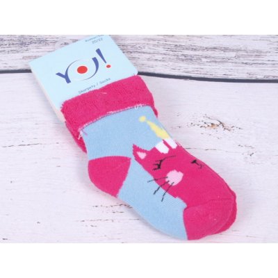YO Ponožkyteplé froté modrorůžové s kočkou