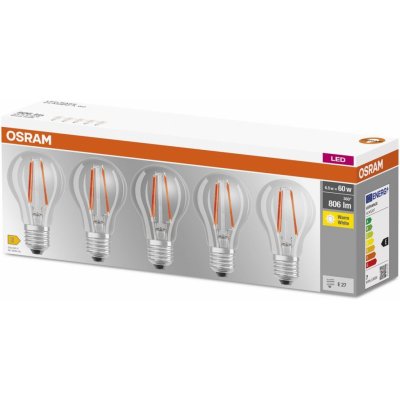 Osram Sada LED žárovek klasik, 6,5 W, 806 lm, teplá bílá, E27, 5 ks LED CLA60 7W/827 230V FIL E27 10X5 – Zboží Mobilmania