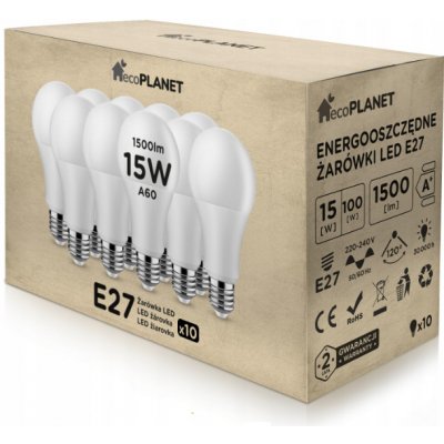 EcoPlanet 10x LED žárovka E27 A60 15W 1500Lm studená bílá – Zbozi.Blesk.cz
