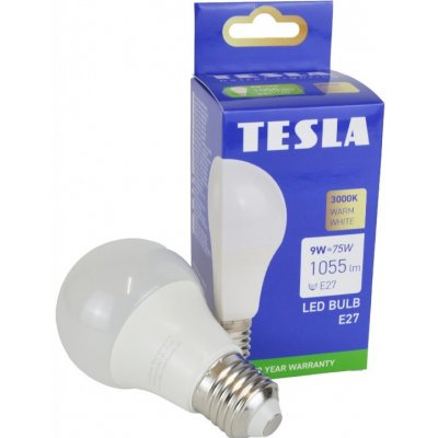 Tesla LED žárovka BULB E27, 9W, 230V, 1055lm, 25 000h, 3000K teplá bílá, 220st