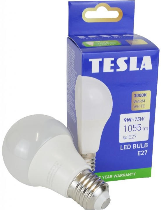 Tesla LED žárovka BULB E27, 9W, 230V, 1055lm, 25 000h, 3000K teplá bílá, 220st