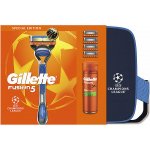 Gillette Fusion5 gel na holení 200 ml + Fusion5 Champions League holicí strojek 1 ks + Gillette Fusion5 náhradní břity 4 ks + kosmetická taška 1 ks – Sleviste.cz