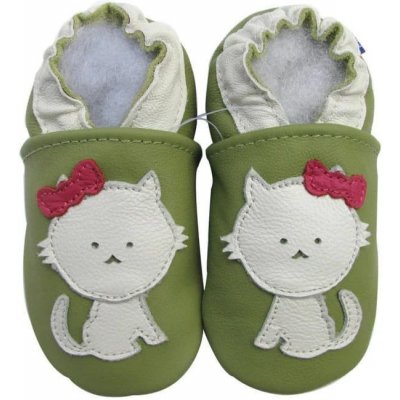 Carozoo kožené capáčky s koženou podrážkou kočička zelená – Zboží Dáma