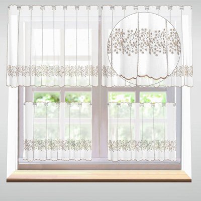Forbyt vitrážová záclona, polyesterový batist 27231, vyšívané béžové květinky, s bordurou, bílá, výška 50cm (v metráži) – Zboží Mobilmania