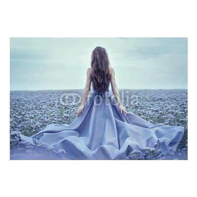 Weblux 70223866 Fototapeta plátno Back view of standing young woman in blue dress Zadní pohled na stojící mladá žena v modrých šatech rozměry 174 x 120 cm