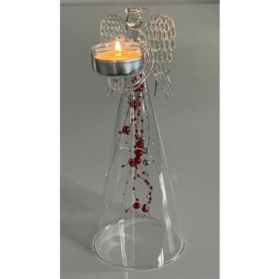 Anděl čirý s červenými skleněnými perlami na čajovou svíčku výška 25cm – Sleviste.cz