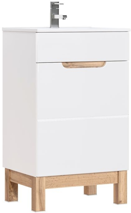 COMAD Stojatá skříňka s umyvadlem - BALI 824 white, šířka 50 cm, matná bílá/lesklá bílá/dub votan