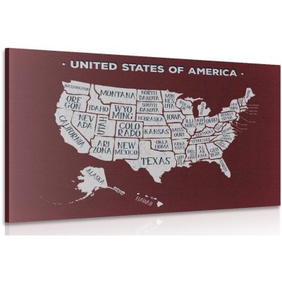 Obraz naučná mapa USA s bordovým pozadím - 60x40 cm – Zboží Mobilmania