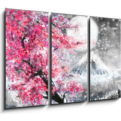 Obraz 3D třídílný - 105 x 70 cm - oil painting landscape with sakura and mountain, hand drawn illustration, Japan olejomalba krajina se sakurou a horami, ručně kreslené