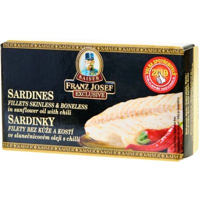 Franz Josef Kaiser Exclusive Sardinky filety bez kůže a kostí ve slunečnicovém oleji s chilli 90 g – Sleviste.cz