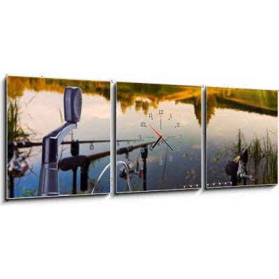 Obraz s hodinami 3D třídílný - 150 x 50 cm - fishing on the lake rybaření na jezeře – Zboží Mobilmania