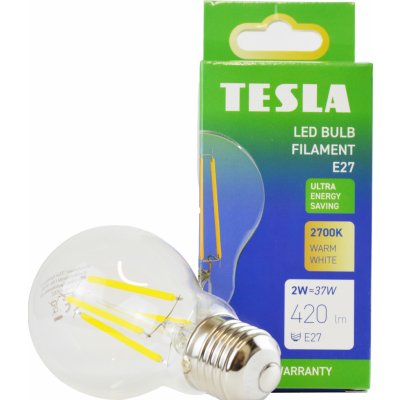 Tesla LED žárovka FILAMENT A class, E27, 2W, 420lm, 2700K teplá bílá, 360st, čirá, 230V, 25 000h