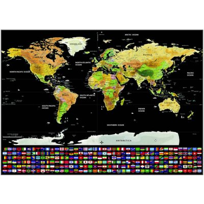 Deluxe Stírací mapa světa s vlajkami, 82,5 x 59,4 cm Varianta: 82.5 x 59.4 cm, s tubou – Sleviste.cz