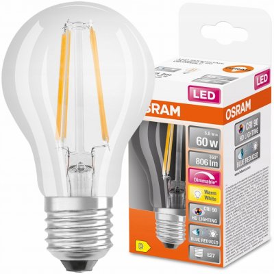 Osram LED žárovka LED E27 A60 5,8W = 60W 806lm 2700K Teplá bílá 300° CRI90 Filament Stmívatelná SUPER STAR+ OSRSTALL2105 – Zboží Mobilmania