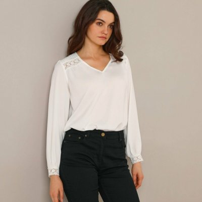 Kreponová halenka s krajkovými detaily bílá – Zboží Mobilmania