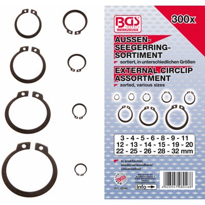 Pojistné kroužky seger, vnější, velikosti 3-32 mm, sada 300 ks - BGS 8046 – Sleviste.cz
