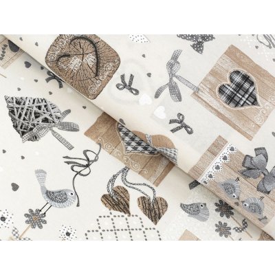 Dekorační látka Porto PRT-014 Hnědo-šedá srdíčka na krémovém - šířka 140 cm – Hledejceny.cz