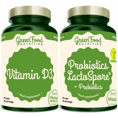 GreenFood Nutrition Probiotika LactoSpore & Prebiotics 60 kapslí + Vitamin D3 60 kapslí – Zbozi.Blesk.cz