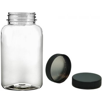 Pilulka Plastová lékovka čirá s černým uzávěrem s ALU vložkou 250 ml