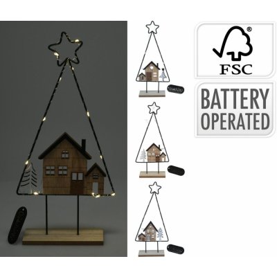 Mat Dekorace STROM S DOMEČKEM 10LED 39cm kov dřevo mix – Hledejceny.cz