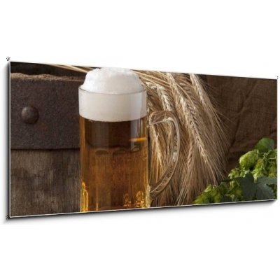 Skleněný obraz 1D panorama - 120 x 50 cm - beer with barley and hops pivo s ječmenem a chmelem – Zbozi.Blesk.cz