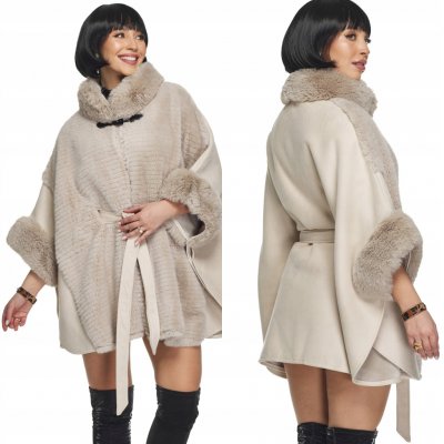 Fashionweek Dámské pončo semišový kabát s kožíškem bunda kabát s kožíškem KARR4624 Béžový – Zboží Mobilmania