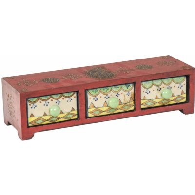Sanu Babu Dřevěná malovaná skříňka se 6 keramickými šuplíky ručně malované 45x11x9cm (6A)