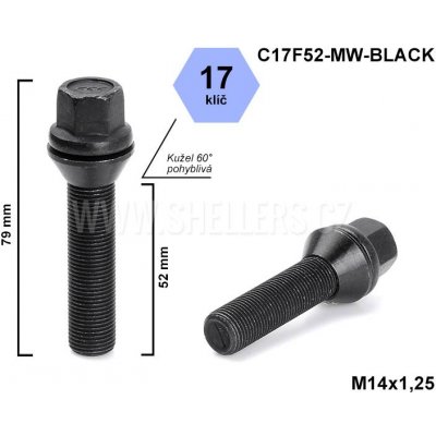 Kolový šroub M14x1,25x52 kužel pohyblivý černý, klíč 17, C17F52-MW-BLACK, výška 79 mm