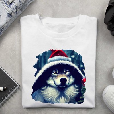 Dámské tričko Vánoční motiv vlk Černá – Zboží Mobilmania