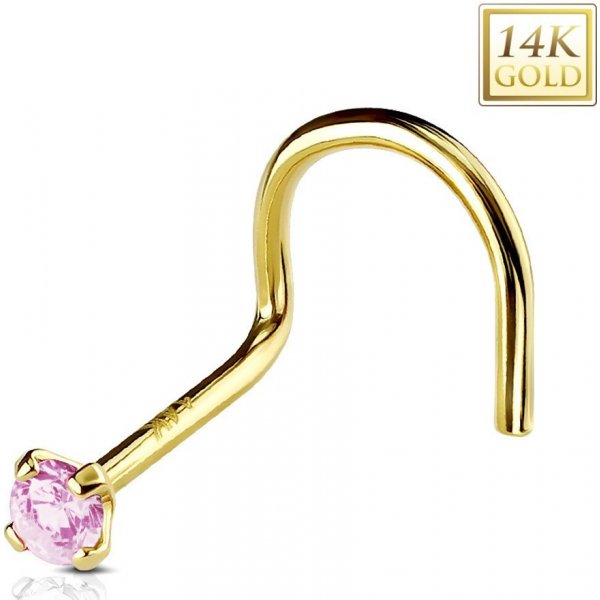  Šperky eshop zahnutý piercing do nosu ze žlutého zlata kulatý světle růžový zirkon S1GG222.17