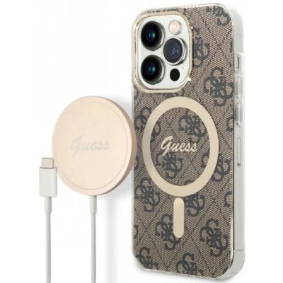 Pouzdro Guess case + charger set Apple iPhone 14 Pro Max 4G Print MagSafe hnědé