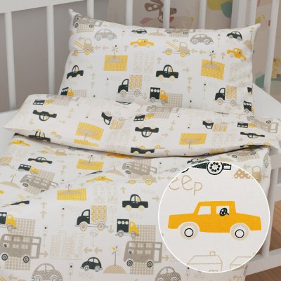 Biante dětské povlečení Sandra SA 672 Žlutá a šedohnědá auta ve městě na bílém 90 x 130 cm 40 x 60 cm – Zboží Dáma
